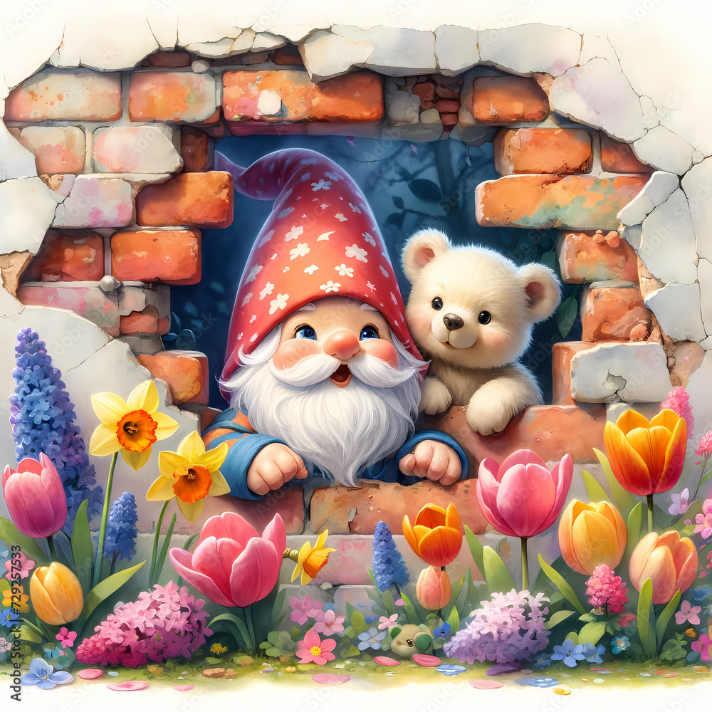 Cute gnome peeking out of a hole in a brick wall, spring flowers, cute bear,  kids watercolor digital illustration