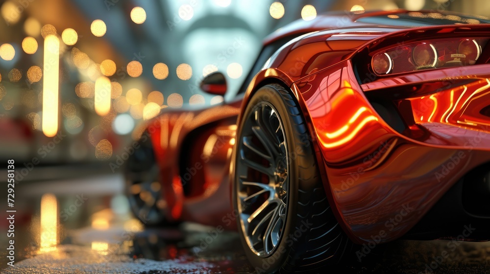 Futuristic red sports car with illuminated details and dynamic reflections at dusk. AI Generative - obrazy, fototapety, plakaty 