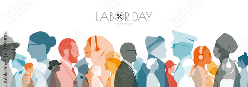 Labor day banner. Modern design. People of different professions together.