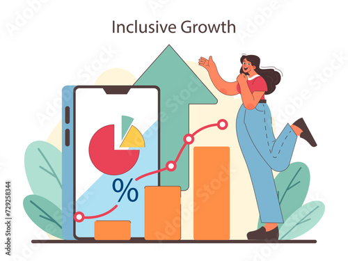 Economic growth visualized. Charting upward trends in inclusive economy. Celebrating advances in technology and social equity. Aspiring for balanced prosperity. Flat vector illustration.