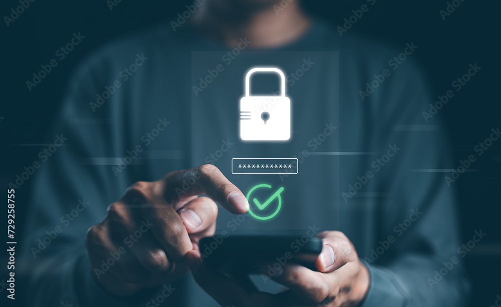 Cybersecurity concept. Man enter username and password for personal information access. Data login protect and secure internet access, screen padlock technology, cyber security, encryption privacy, - obrazy, fototapety, plakaty 