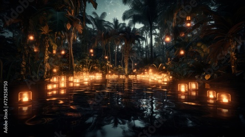 Nighttime view of zoo landscape illuminated with decorative lights, creating a magical ambiance for evening visits Generative AI