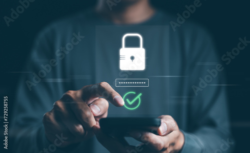 Cybersecurity concept. Man enter username and password for personal information access. Data login protect and secure internet access, screen padlock technology, cyber security, encryption privacy,