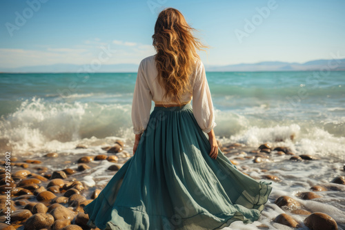 Rear view of a woman in a white blouse and long skirt standing on the seashore