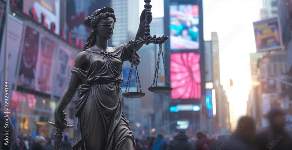 Fototapeta premium Statue of Wisdom - Themis Overlooking the Cityscape