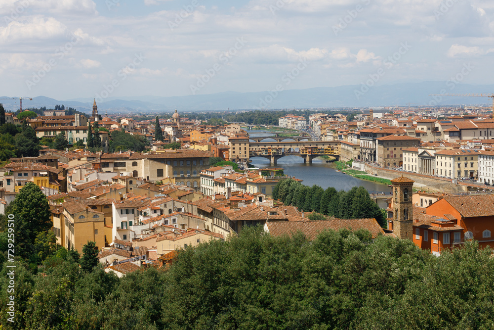 Panoramic view of the picturesque city of Florence with the Ponte Vecchio bridge. Central Italy, Tuscany region