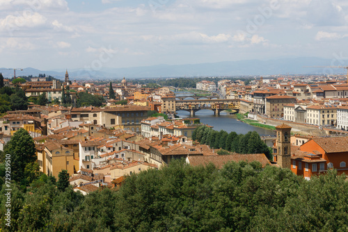 Panoramic view of the picturesque city of Florence with the Ponte Vecchio bridge. Central Italy, Tuscany region