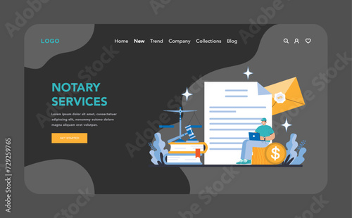 Notary Services night or dark mode web or landing page. Authenticating documents with official notarization. Legal integrity for secure transactions and agreements. Flat vector illustration.