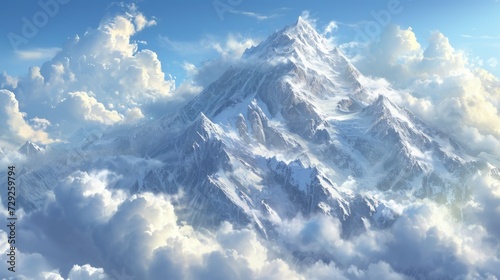Panoramic view of towering snow-covered peaks framed by billowing clouds, sunlight casting dramatic shadows on the mountain slopes, Generative AI