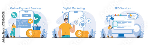 Internet Services set. Business and marketing. Seamless online payment, dynamic digital marketing, and comprehensive SEO solutions. Enhancing virtual transactions and visibility. Vector illustration.