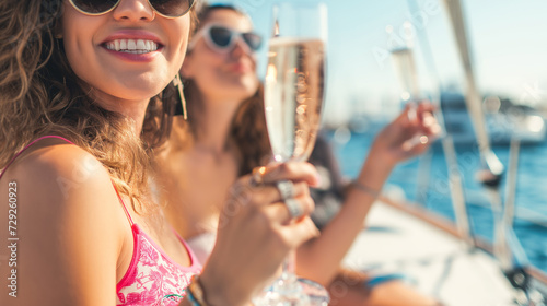 Mulher usando óculos de sol e bebendo champanhe em um iate usando  photo