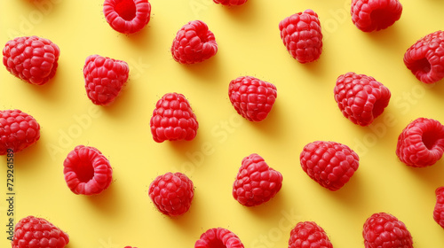 Trendy bright pattern of red berries (raspberry). Pastel yellow background. Minimalist food concept. Generative AI