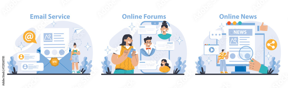 Communication and Social Media set. Email, forum discussions, and news updates. Secure data exchange, vibrant community interaction, and informed society. Flat vector illustration.