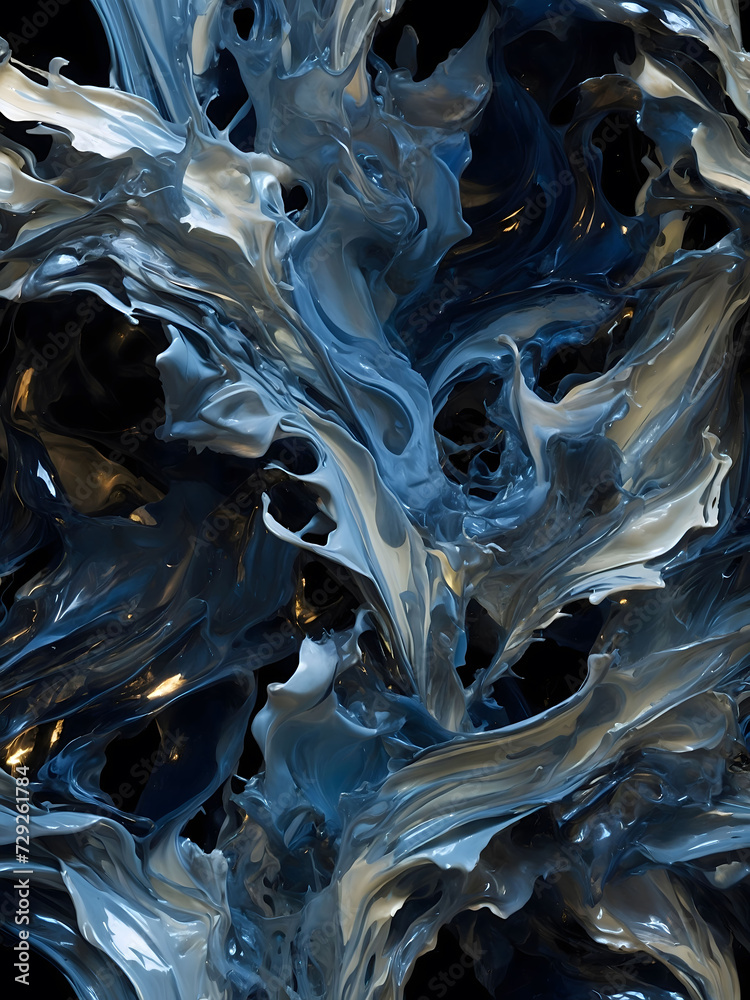 Abstract painting features a swirl of blue and white paint splash on a black background