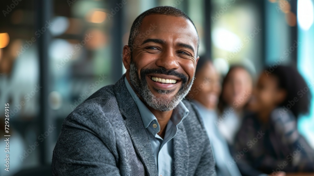 Photo concept of a man in a professional office environment, smiling warmly while engaging in a discussion with colleagues Generative AI Photo concept of a man in a professional office environment, smiling warmly while engaging in a discussion with colleagues Generative AI
