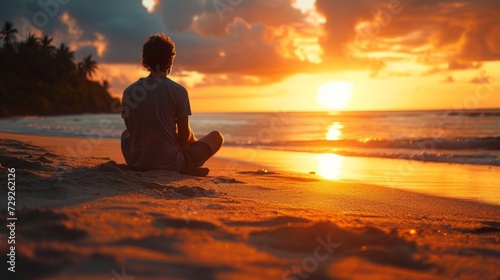 Photo concept of a man sitting on the sand, watching the sunset at the seashore, with a tranquil and reflective demeanor Generative AI