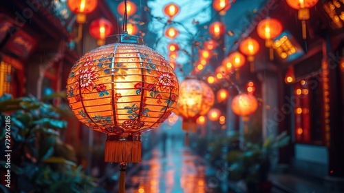 Chinese lanterns in traditional festival setting. Cultural celebration and decoration concept for design and print. Evening shot with ambient lighting