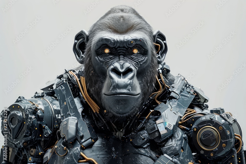 Photo concept of a robotically modified gorilla, featuring mechanical arms and cybernetic enhancements, displayed against a clean white background Generative AI Photo concept of a robotically modified gorilla, featuring mechanical arms and cybernetic enhancements, displayed against a clean white background Generative AI