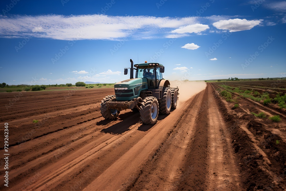 Fototapeta premium Tractor cultivating land at spring
