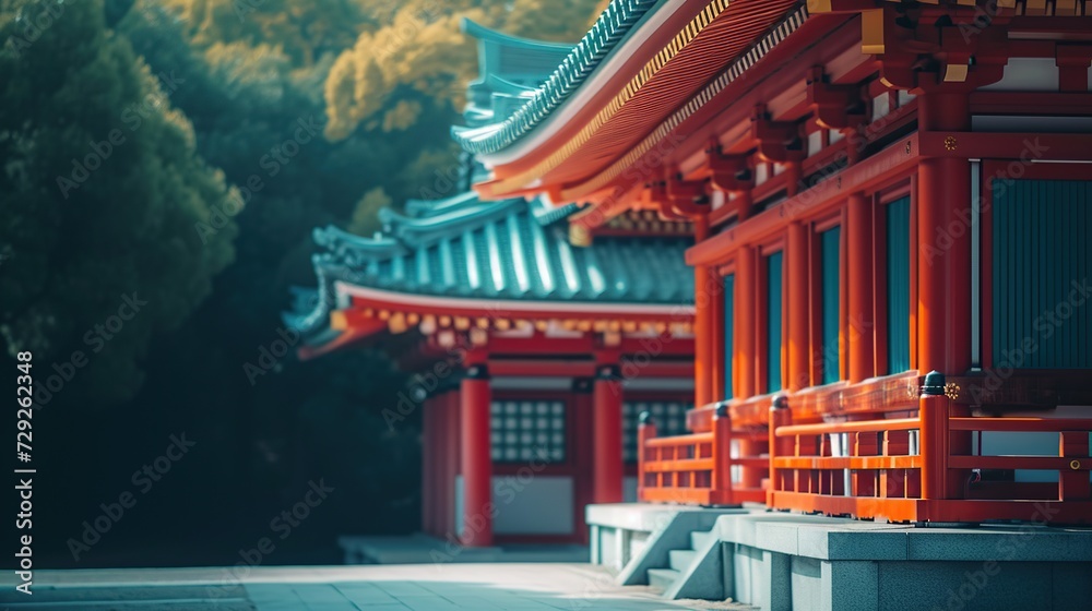 Fototapeta premium Traditional Japanese shrine architecture. Selective focus shot with bokeh of a vibrant red and blue temple. Cultural heritage and travel concept for design and print. Outdoor photography