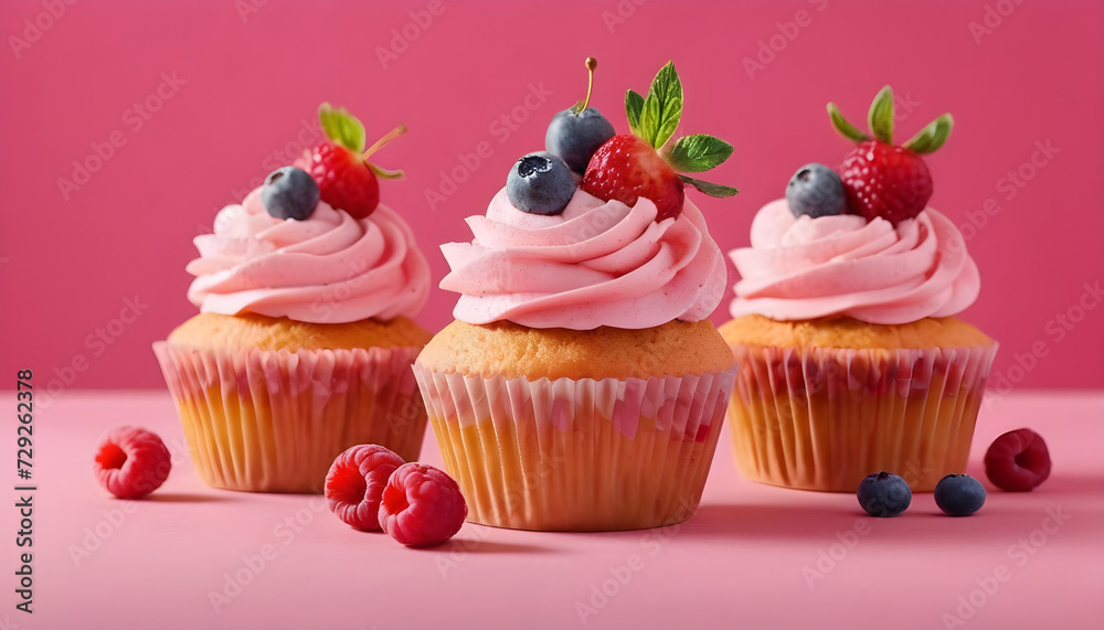 cupcake with berries, pink background