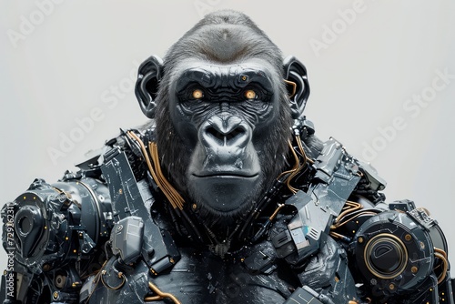 Photo concept of a robotically modified gorilla, featuring mechanical arms and cybernetic enhancements, displayed against a clean white background Generative AI photo
