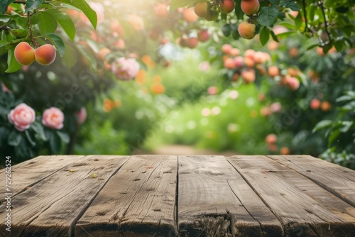 An empty wooden table on a blurred background of peach orchard. a mockup for your product outdoors.