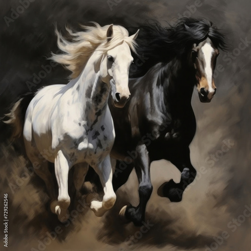 Two black white beautiful horses plaing  very dynamic  oil paint.