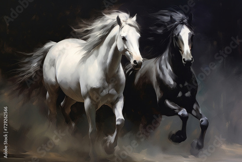 Two black white beautiful horses plaing  very dynamic  oil paint.