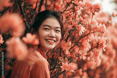 Beautiful asian woman in blooming spring garden with pink flowers