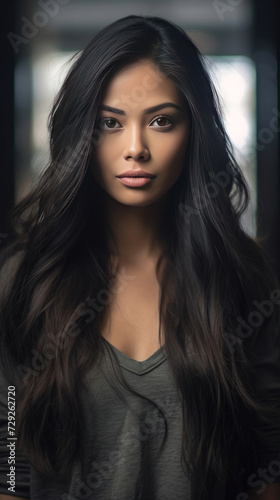 A beautiful girl modern mixed european asian, long black hair