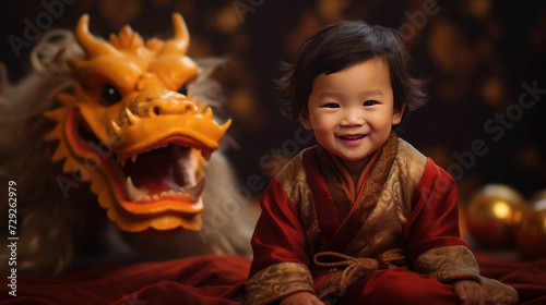 A Cute chinese boy dressed in gorgeous Hanfu, 2 years old, with a smile on his face, surrounded by a huge golden dragon, Red and gold themes are festive. Chinese New Year