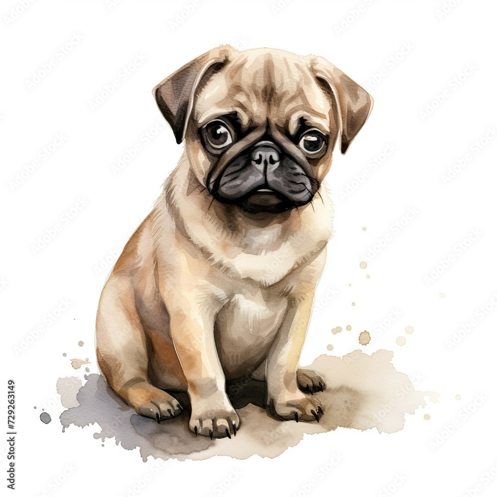 Pug. Realistic watercolor dog illustration. Funny doggy drawing template. Art for card, poster and other. Illustration of dog on white background