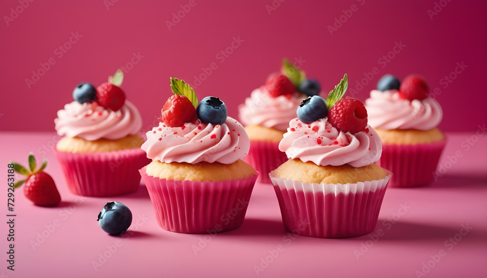 cupcake with berries, pink background cupcake with berries, pink background