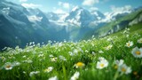 Picturesque Swiss mountain range with detailed macro images of verdant pastures and close-ups of lush green grass, offering a captivating view of the alpine flora Generative AI