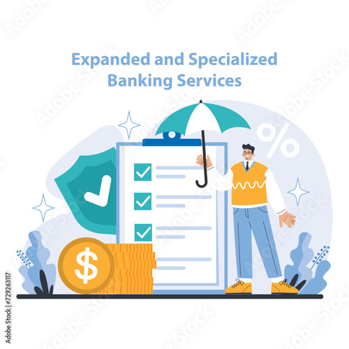 Expanded and specialized banking services concept. Comprehensive financial solutions tailored for modern needs. Client-focused services offering security and growth. Flat vector illustration.