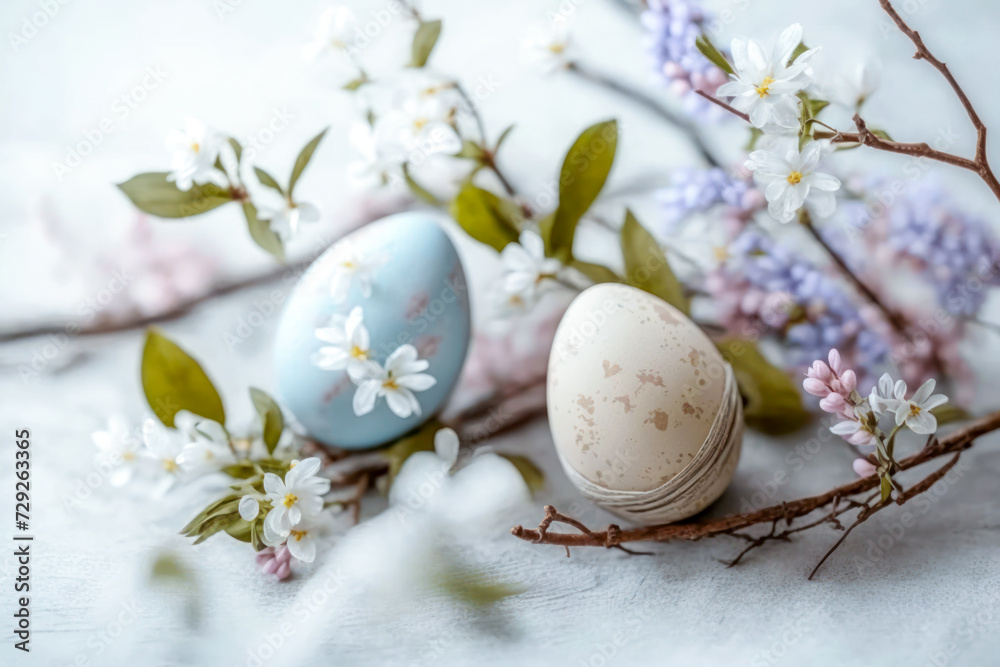 Colorful Easter eggs and spring flowering twigs on a pastel background. Greeting card or banner. Ai generated