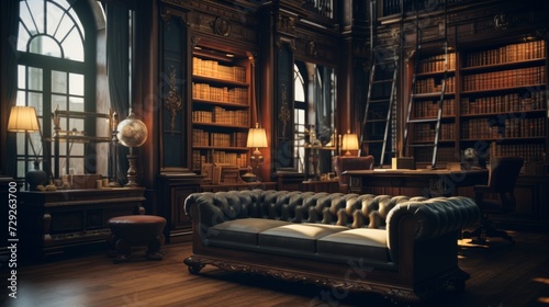 Prestigious library room filled with rare books and comfortable reading nooks. Generative AI