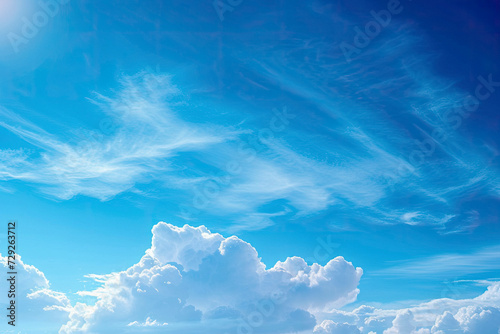 Cirrus clouds expanding by wind to cover deep navy blue sky in tropical summer sunlight for backdrop or wallpaper  copy space