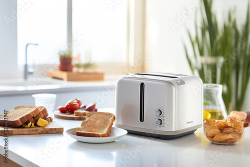 Toaster: A Modern Delight on a Crisp Morning, White Appliance Brings Tasty Joy with Toasted Bread, surrounded by Freshness