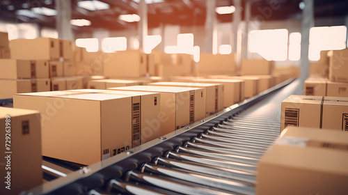 Closeup of multiple cardboard box packages seamlessly moving along a conveyor belt in a warehouse fulfillment center, a snapshot of e-commerce, delivery, automation, and products. photo