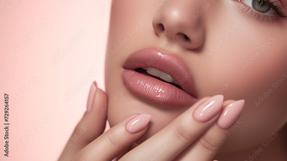 Obraz premium Elegant Woman with Perfect Manicure, Gentle Pink Aesthetics