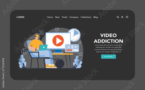 Internet addiction night or dark mode web or landing page. An engaging depiction of a person entrapped by the endless cycle of video streaming, illustrating the issue of video addiction.