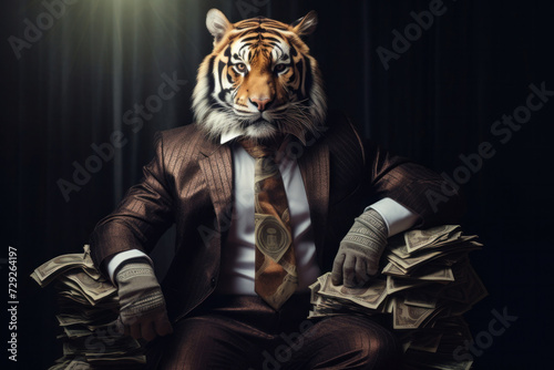 A tiger with cash in expensive business suit.