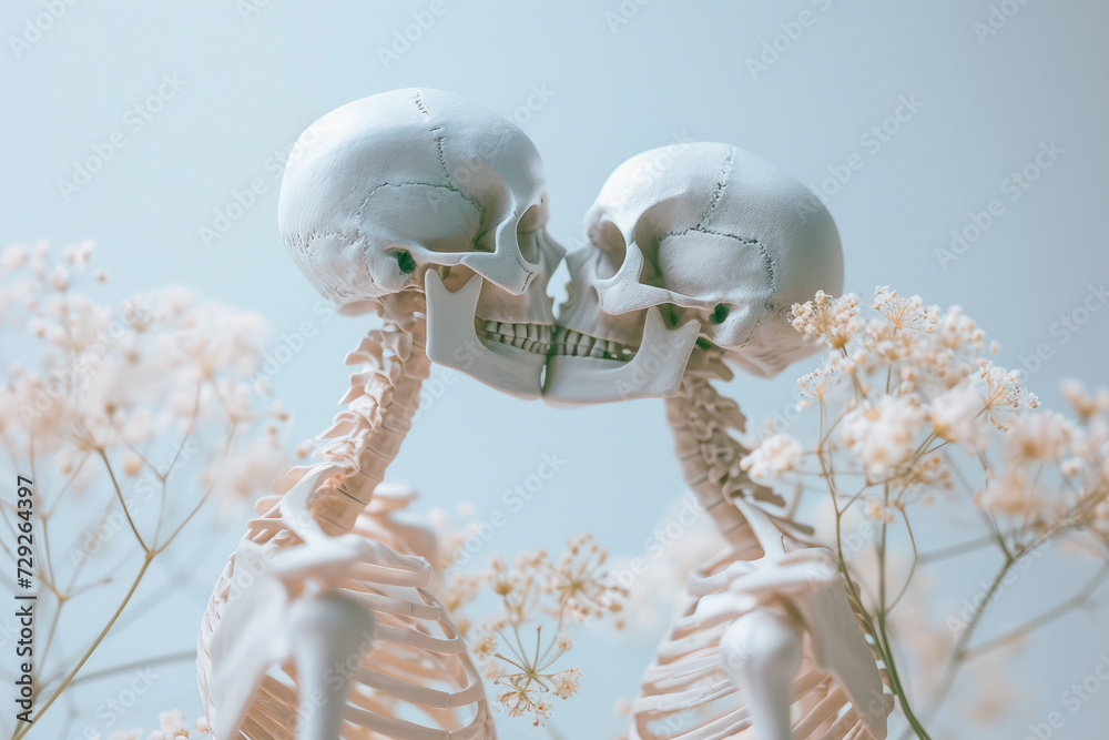 Two skeletons kissing, forever love concept. - obrazy, fototapety, plakaty 