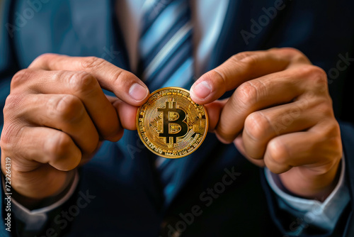 Businessman holding bitcoin symbol of crypto currency - electronic virtual money for web banking and international network payment