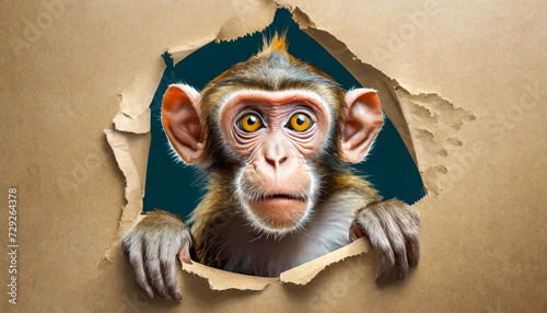 monkey looking up in paper side torn hole isolated