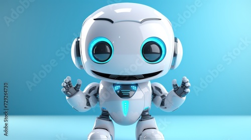 A white robot with a beaming smile harmonizes with a spaceful background, creating a futuristic visual narrative. photo