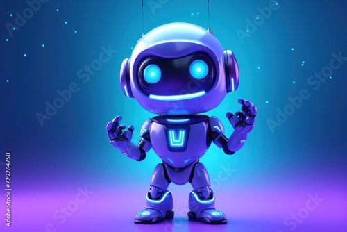 A cute, positive robot grins happily amidst a space-filled environment, blending technology with joy.