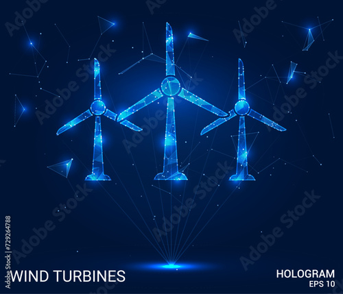 A hologram of wind turbines. Wind turbines made of polygons, triangles of dots and lines. Windmills are a low-poly compound structure. Technology concept vector.